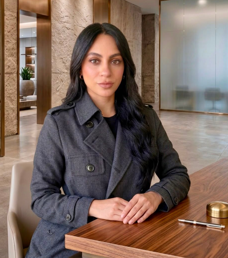 Woman seated at a wooden table in a modern office, wearing a dark coat and looking at the camera.