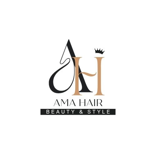 Stylized black and gold AMA Hair Beauty & Style logo with crown accents