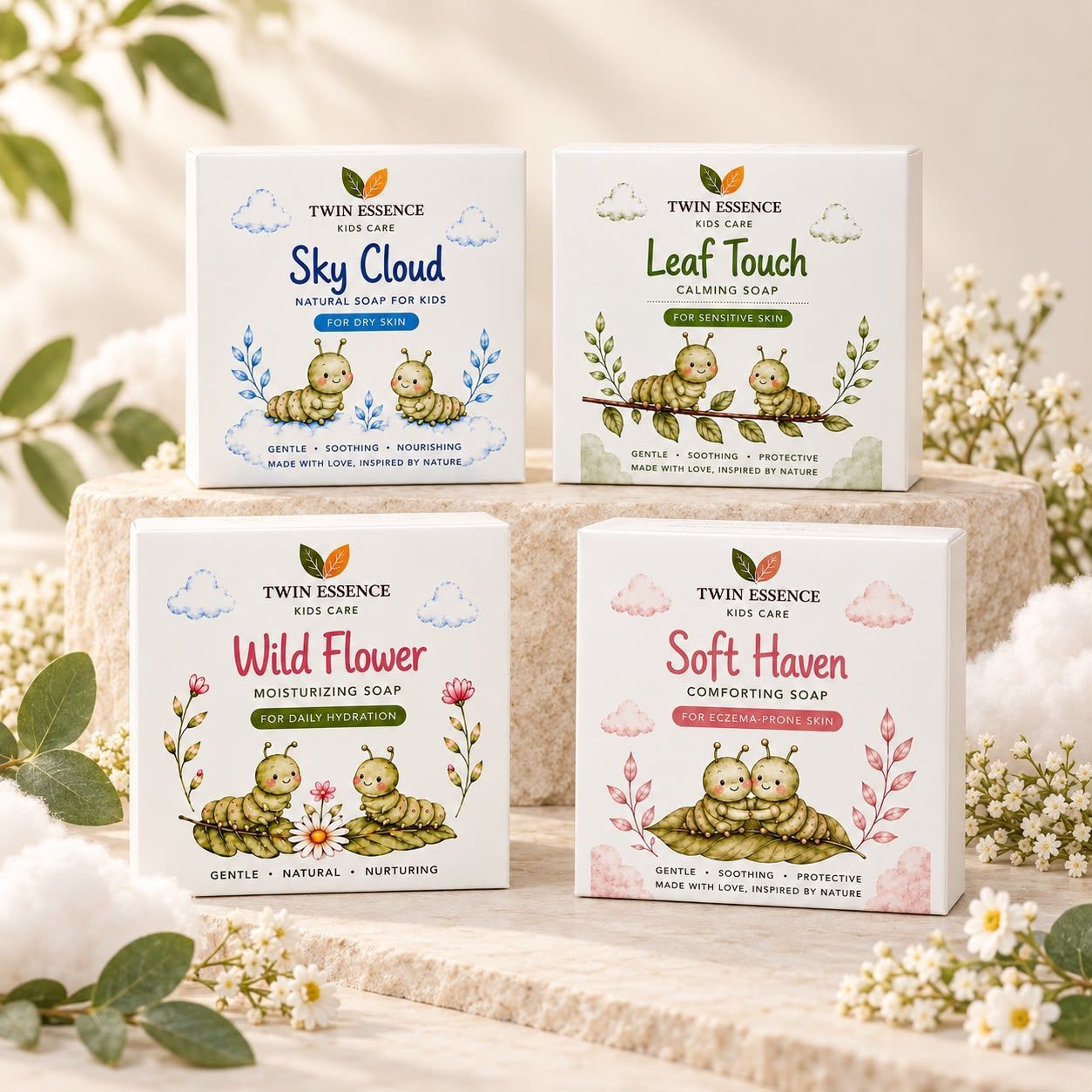 Four pastel dessert boxes with cartoon animals and floral accents on a light background