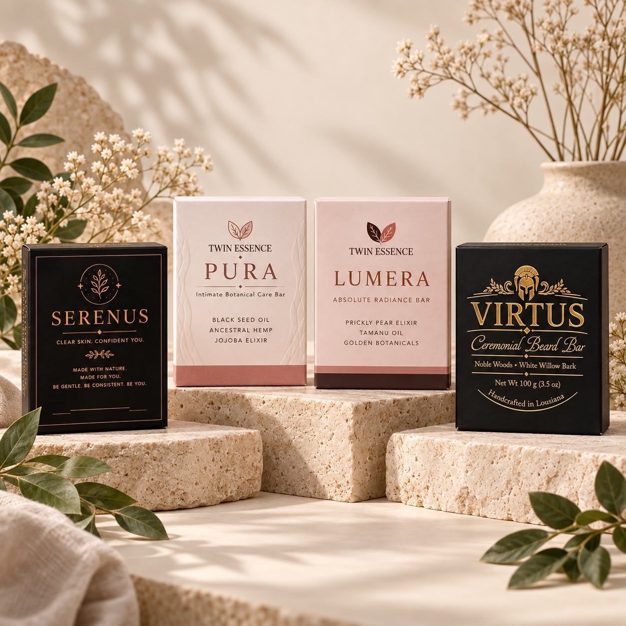Luxury skincare boxes in black, blush, and gold on beige stone blocks with dried flowers
