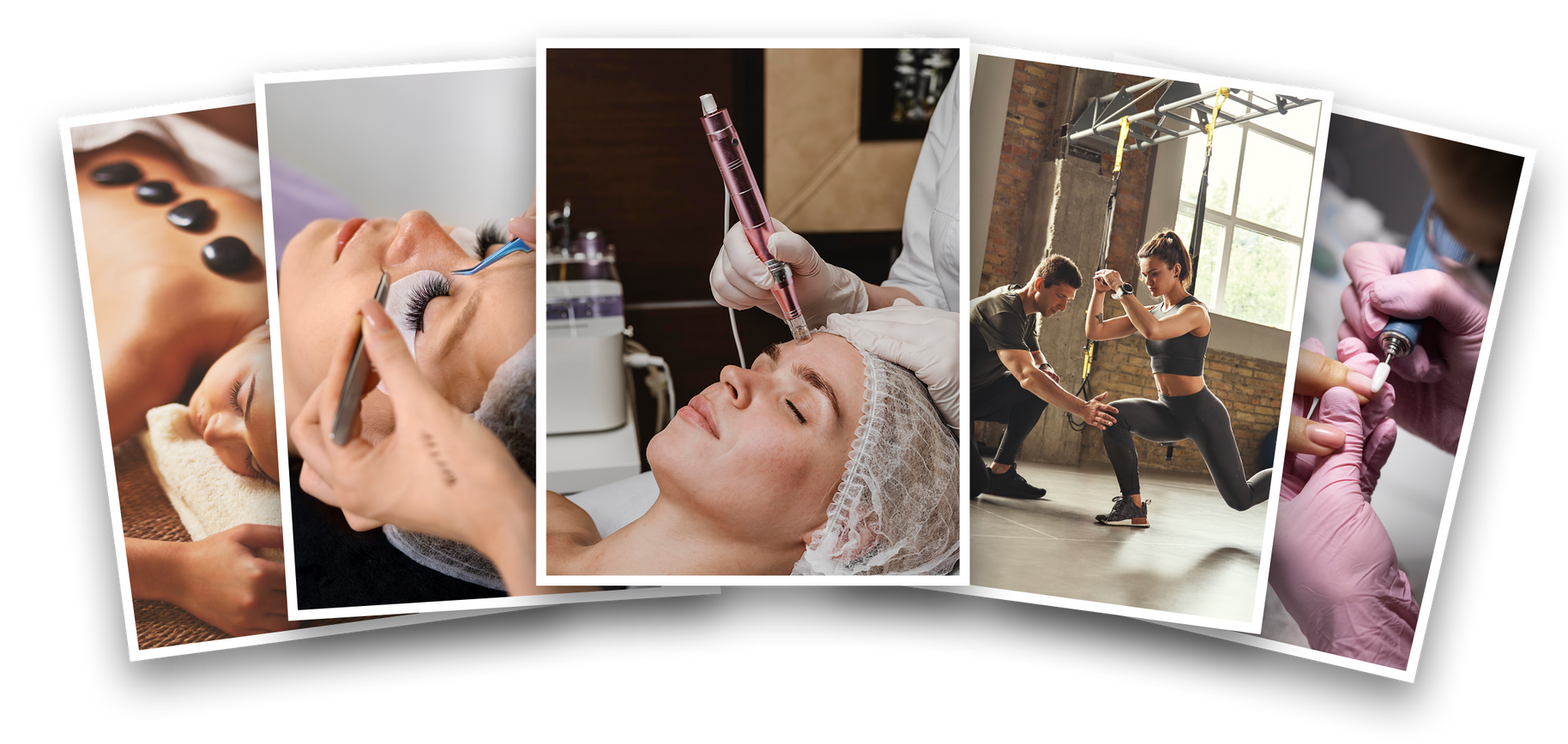 Collage of people smiling during grooming, stretching, and exercise activities