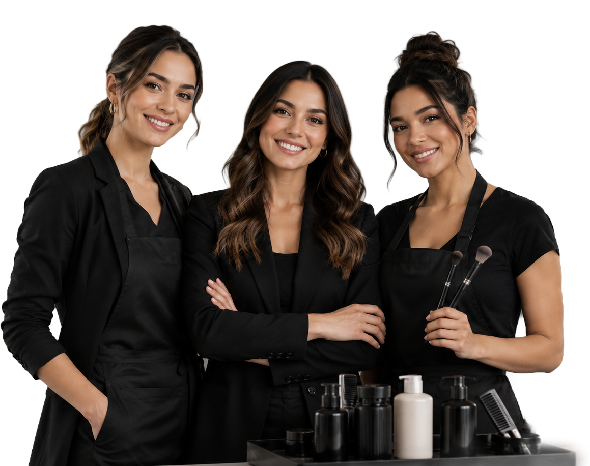 Three stylists standing behind a table with hair and beauty products, smiling at the camera.