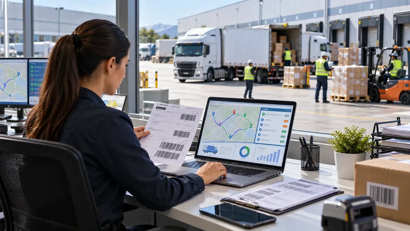 Mujer sosteniendo guías de envío impresas  con software de rastreo y rutas de transporte