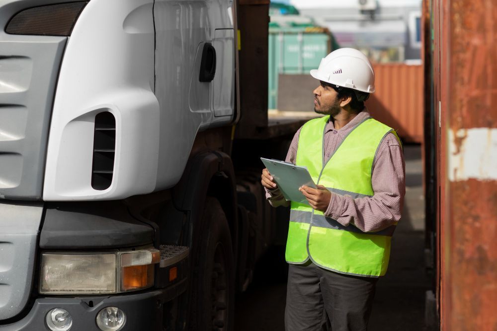 Hombre con chaleco de seguridad y casco inspeccionando un camión  Software de transporte de carga en Colombia