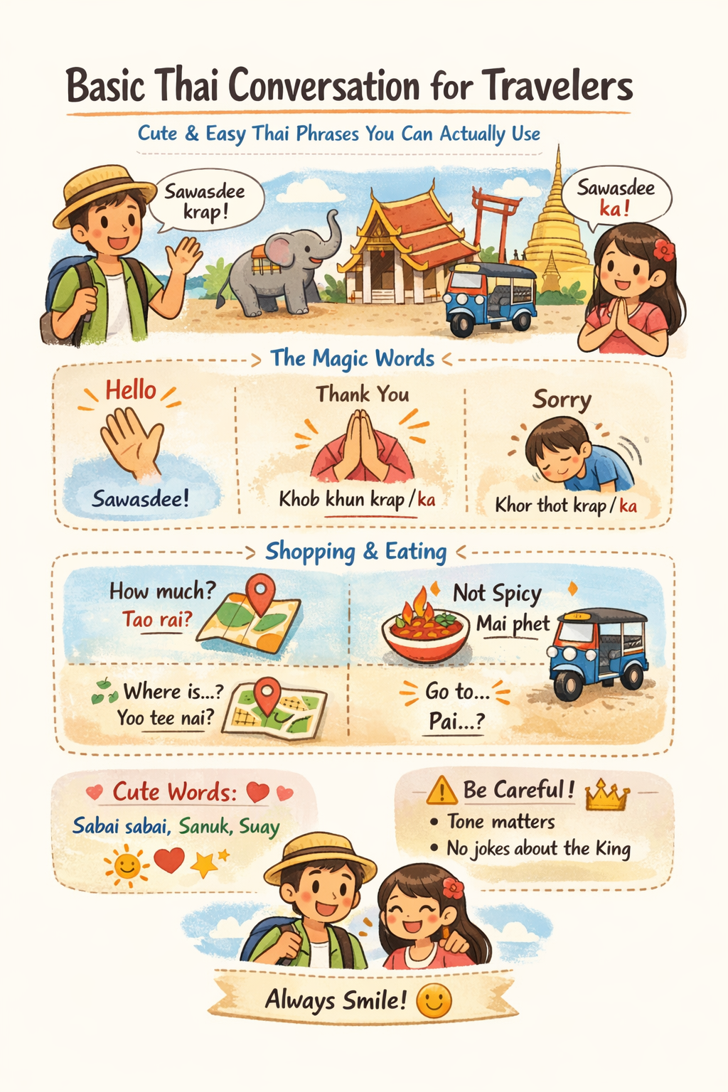Illustration of travelers learning basic Thai conversation and useful phrases in Thailand