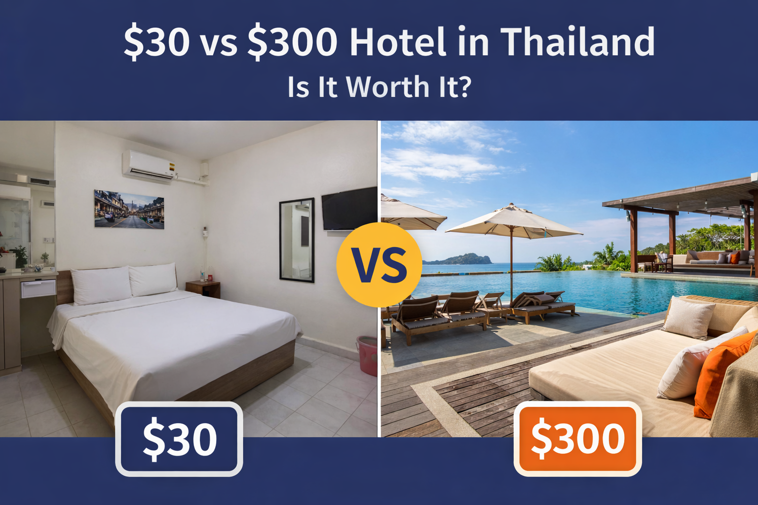 Illustration comparing a $30 budget hotel with a $300 luxury hotel in Thailand