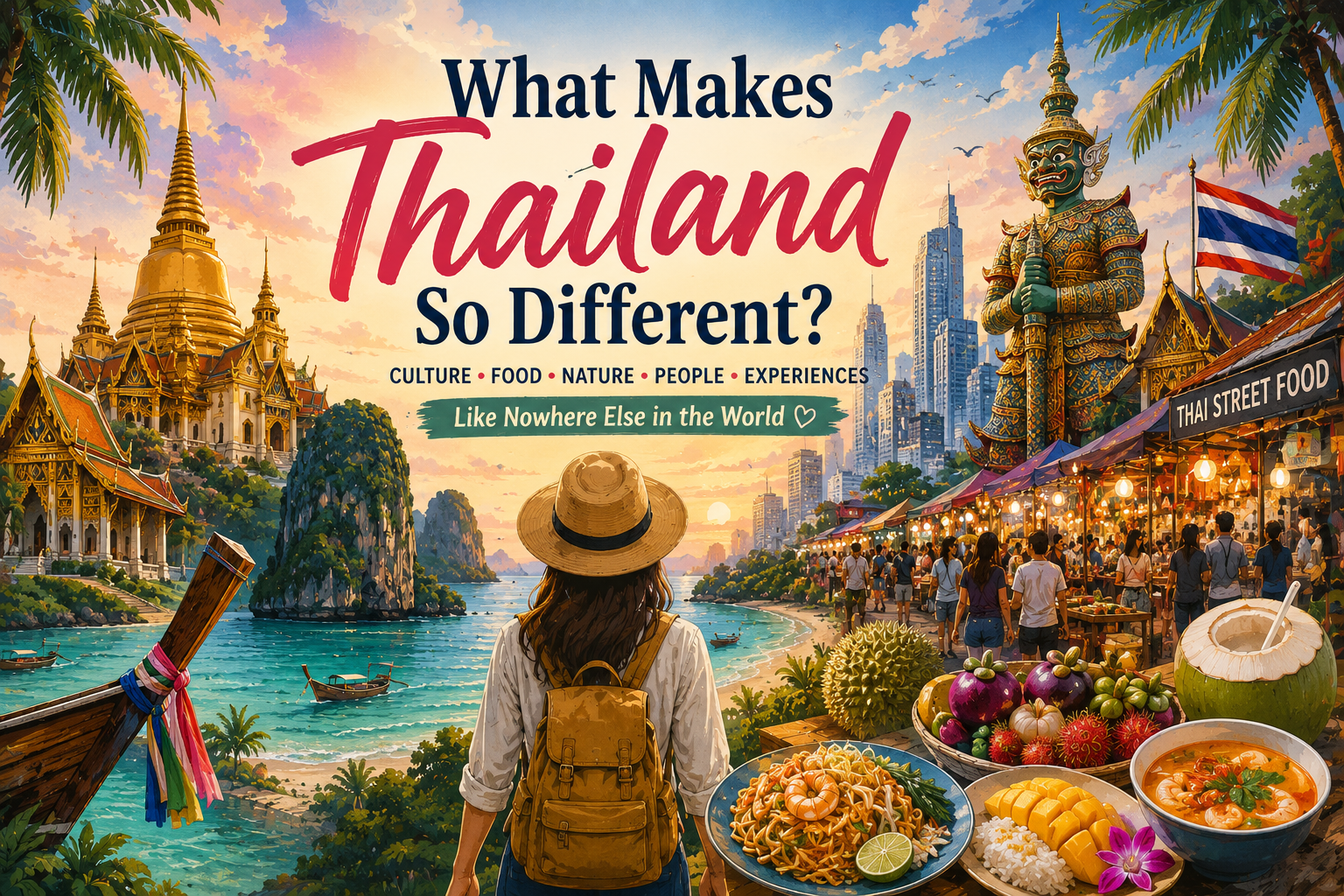 Thailand travel illustration featuring Thai temples, tropical beaches, street food, mountains and traditional culture