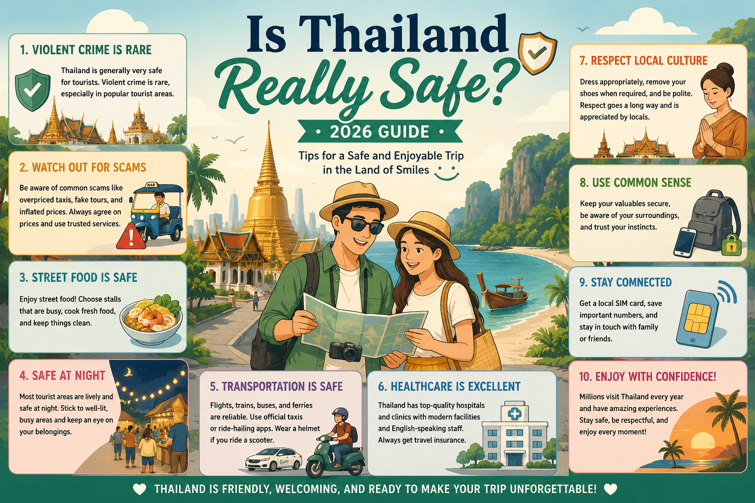 Thailand travel safety illustration showing tourists, road safety, street food, temples and tropical destinations