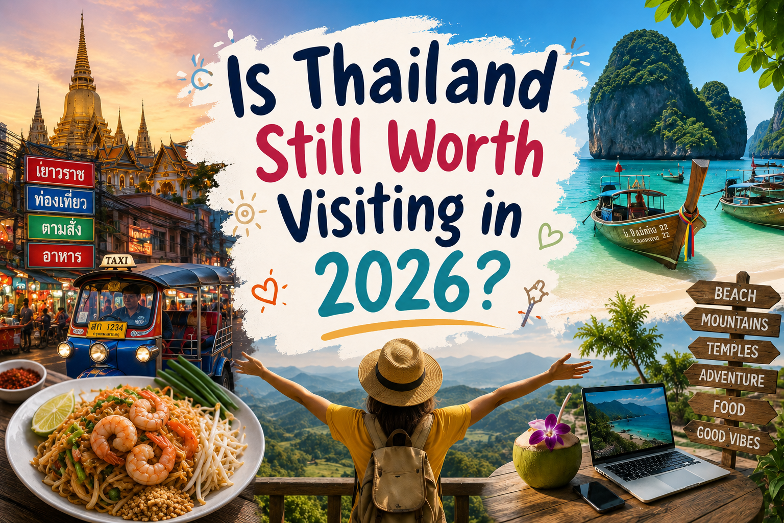 Illustration of reasons to visit Thailand in 2026 including beaches, temples, street food and local culture