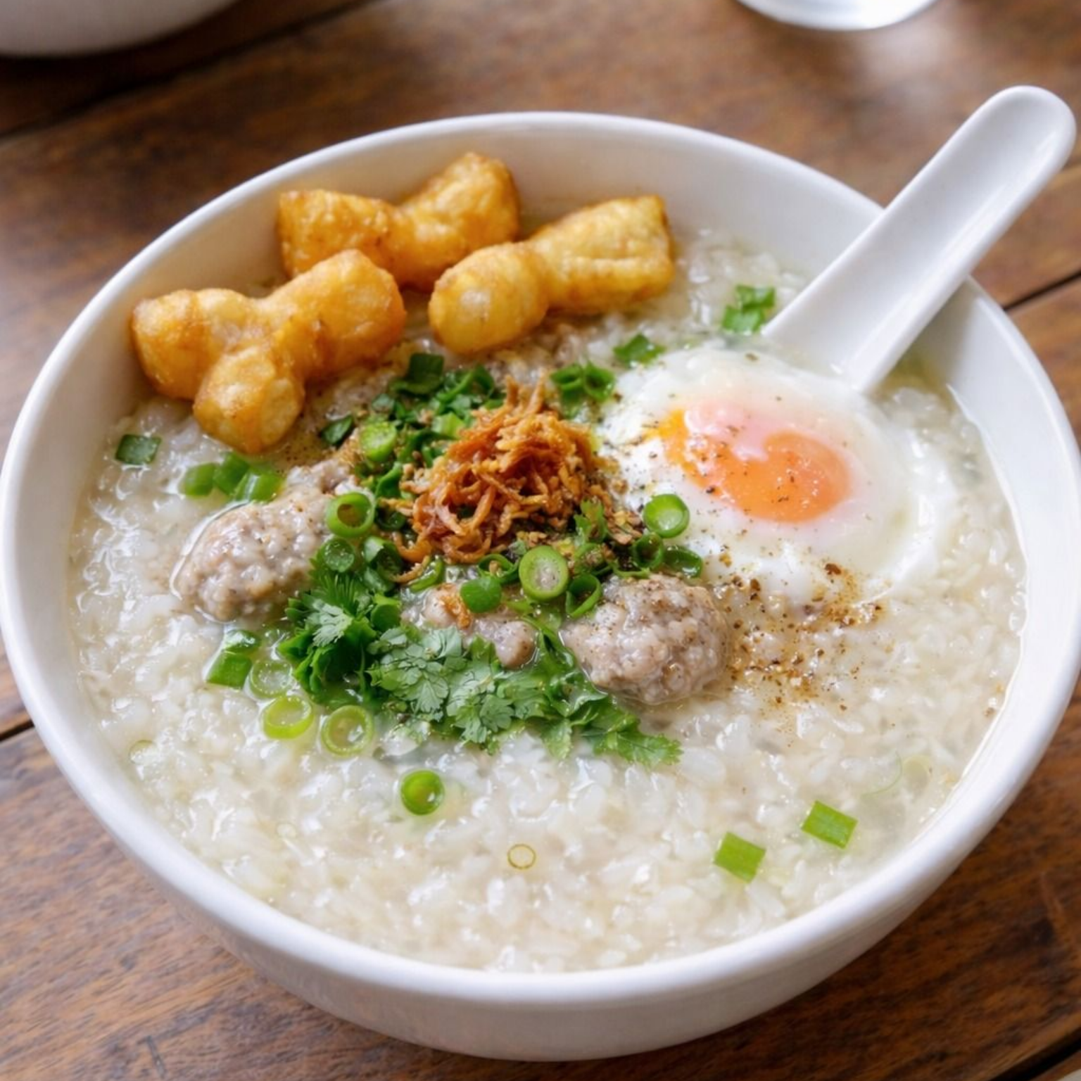 Jok Thai rice porridge with pork, egg and ginger