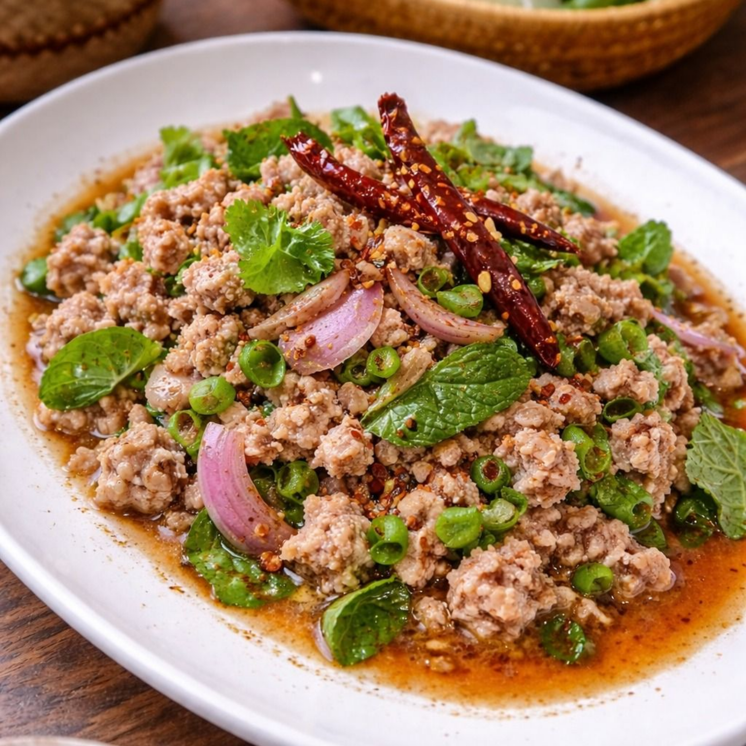 Larb spicy Isan minced meat salad with herbs