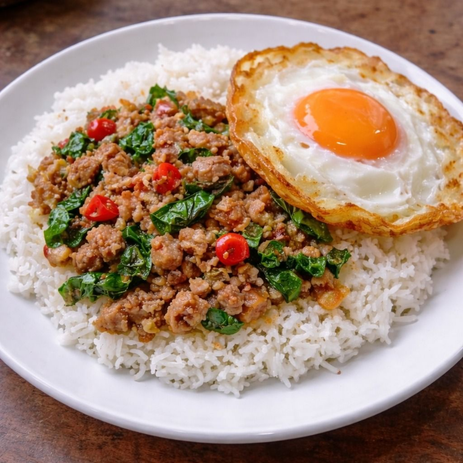 Pad Kra Pao with rice and Thai fried egg