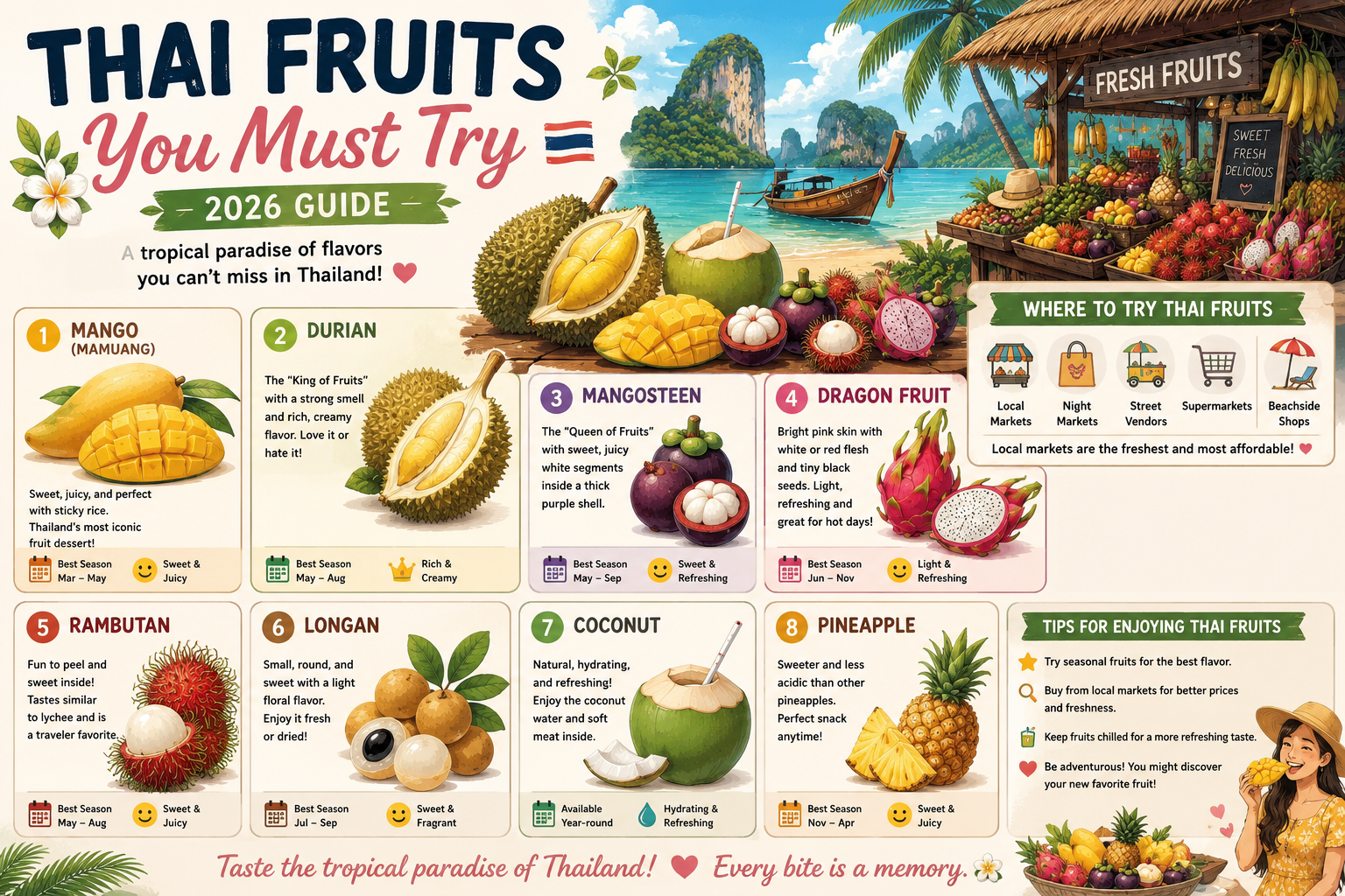 Thai fruits guide featuring mango, durian, mangosteen, dragon fruit, rambutan, longan, coconut and pineapple