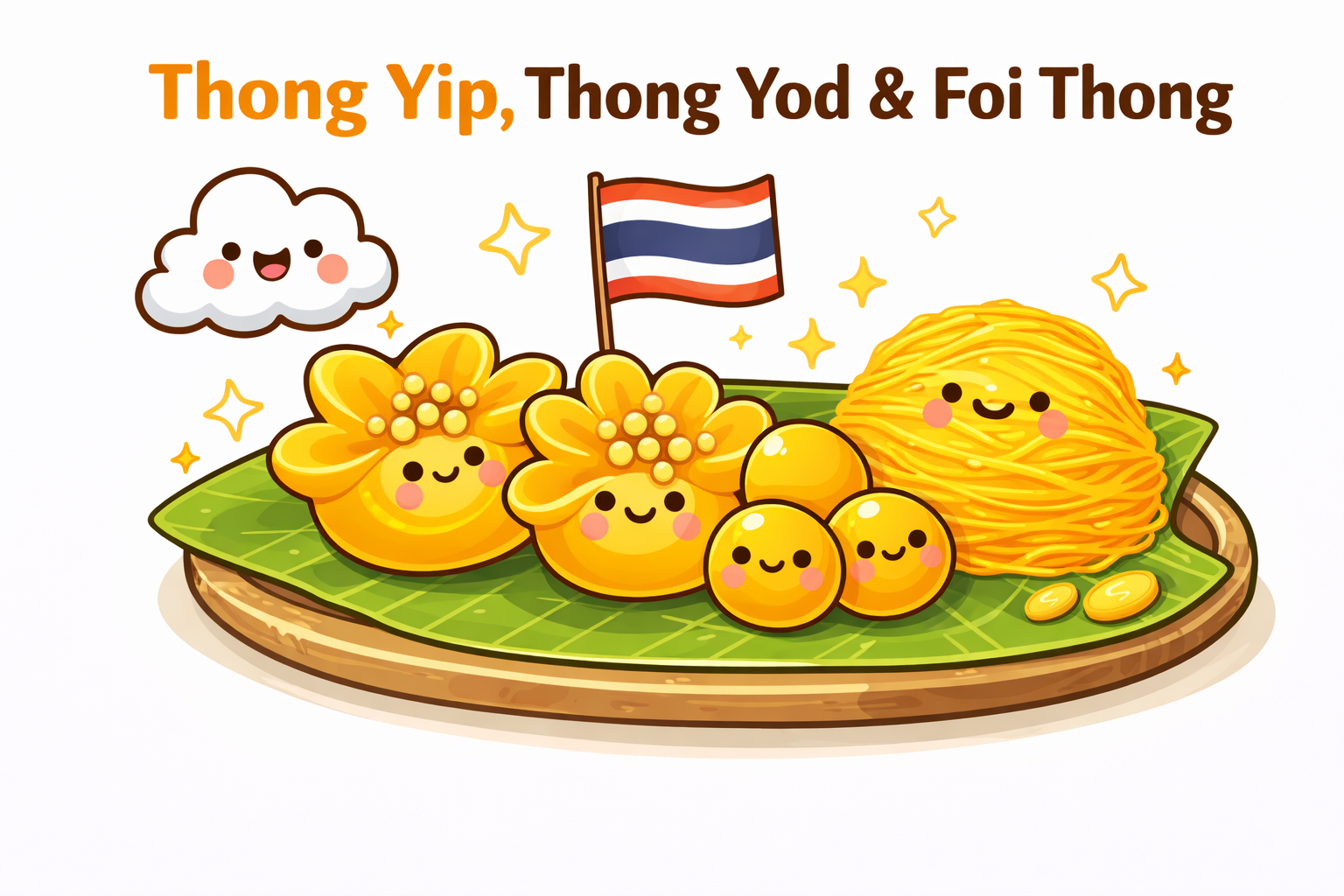 Illustration of Thong Yip, Thong Yod and Foi Thong, traditional Thai golden desserts