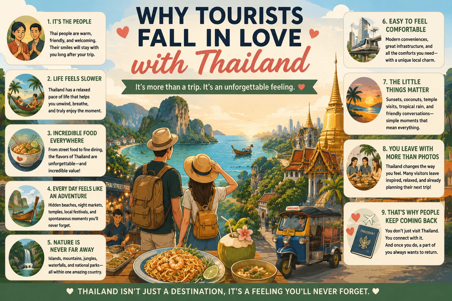 Illustration of travelers enjoying Thai beaches, temples, street food, night markets and tropical scenery