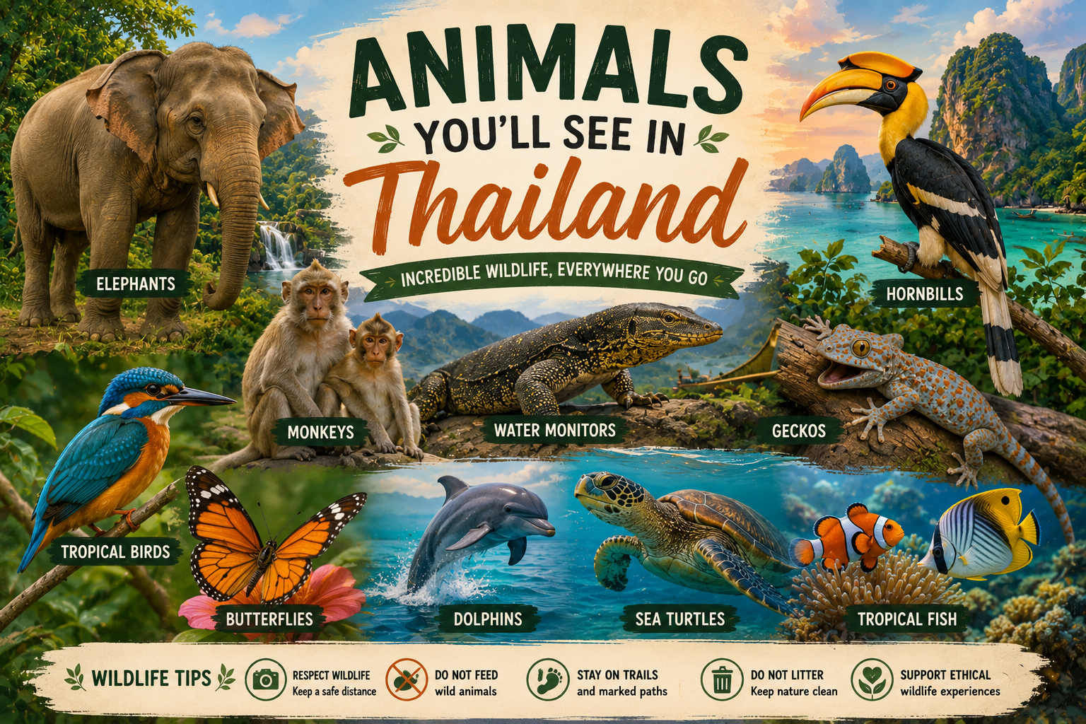 Wild animals of Thailand including an Asian elephant, monkey, hornbill, water monitor, sea turtle and tropical fish