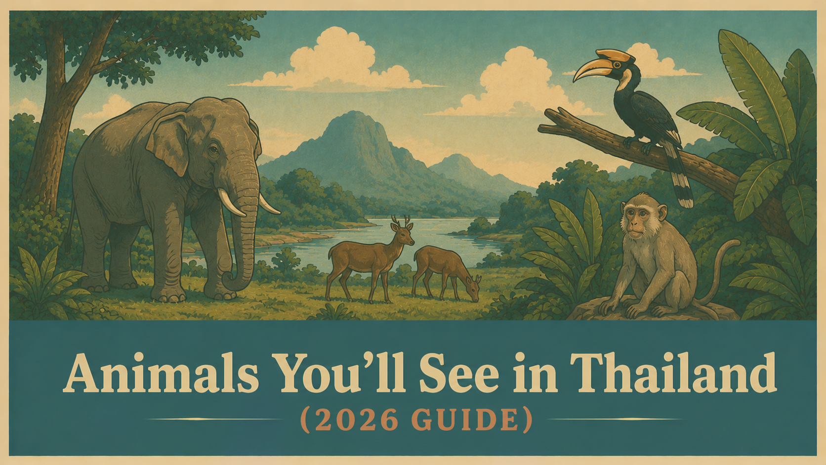 Illustration of Thailand's wildlife featuring elephants, monkeys, hornbills, geckos, tropical fish