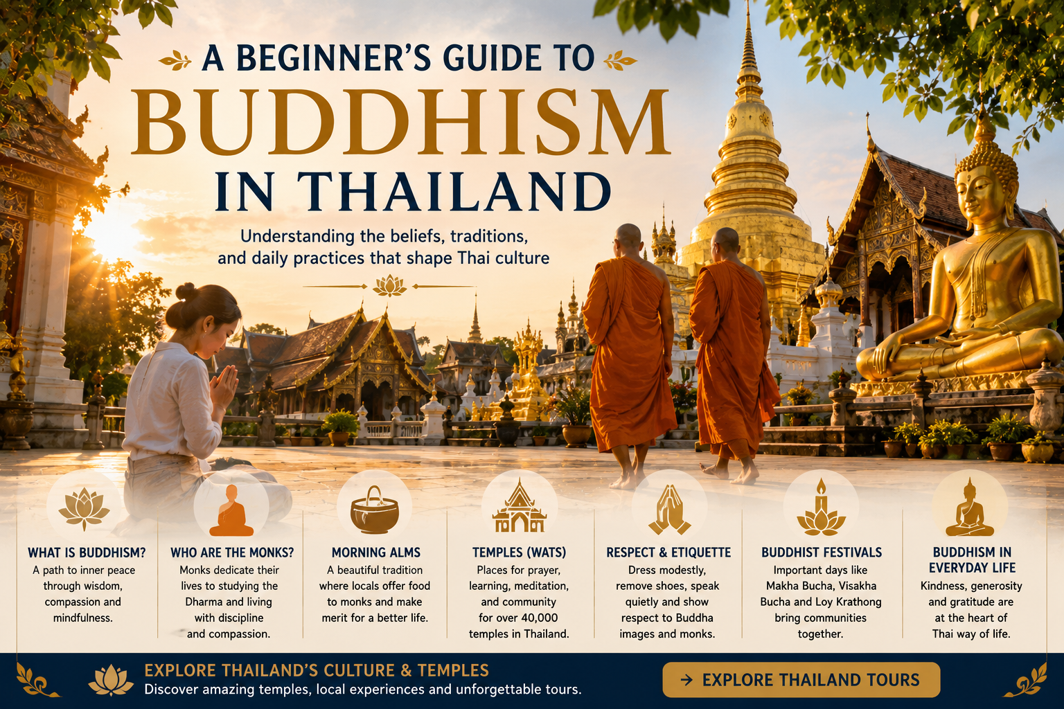 Buddhist temple, Buddha statue and monks representing Buddhism and traditional culture in Thailand