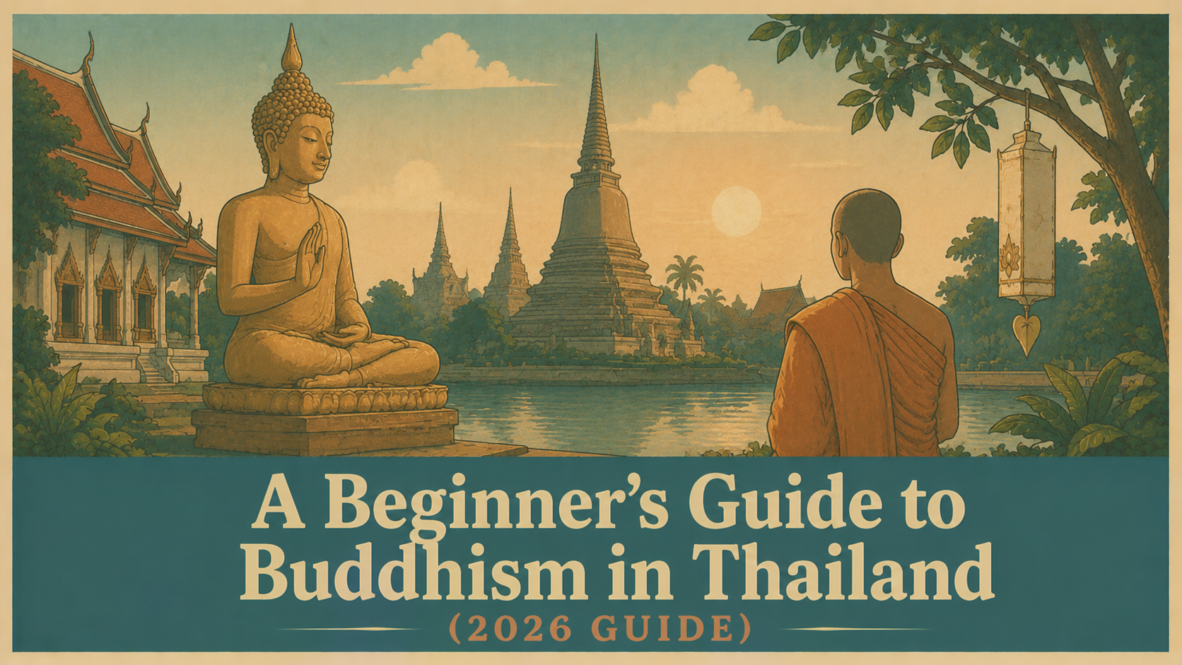 Illustration of a peaceful Thai Buddhist temple with monks, golden Buddha statues