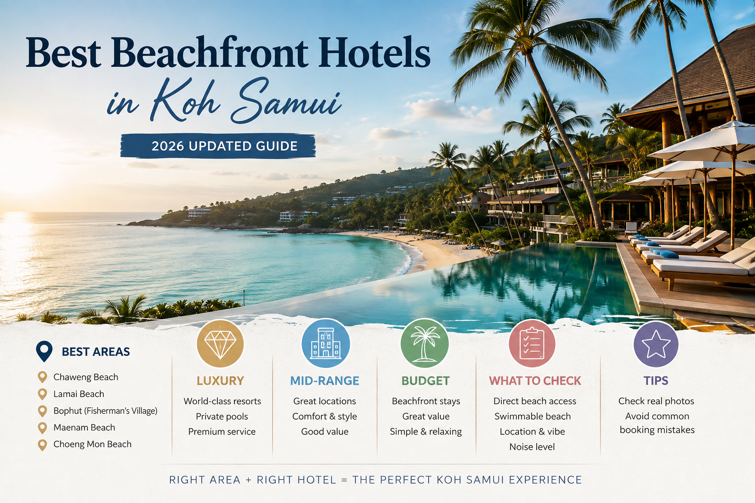 Illustration of a beachfront hotel on a tropical beach in Koh Samui