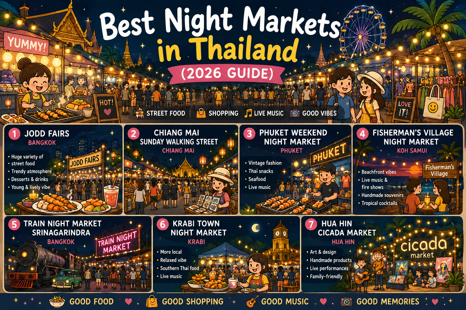 Illustration of Thailand night markets with street food, shopping stalls and colorful lights at night