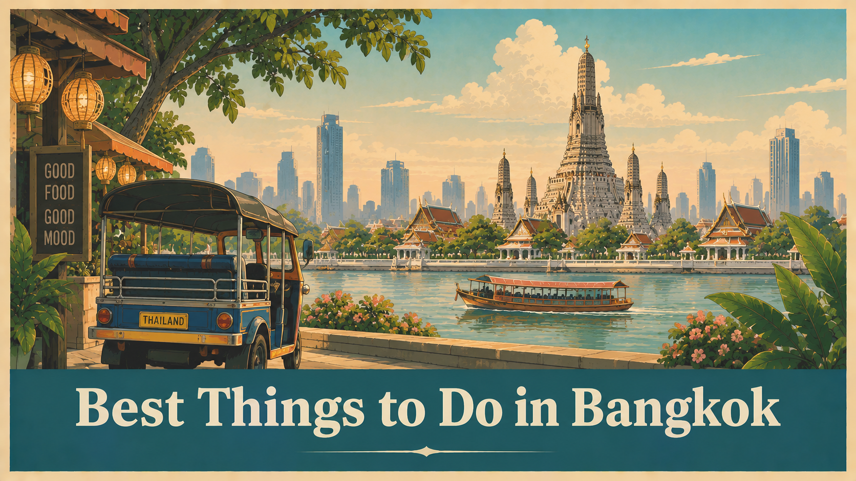 Bangkok skyline and temples along the Chao Phraya River