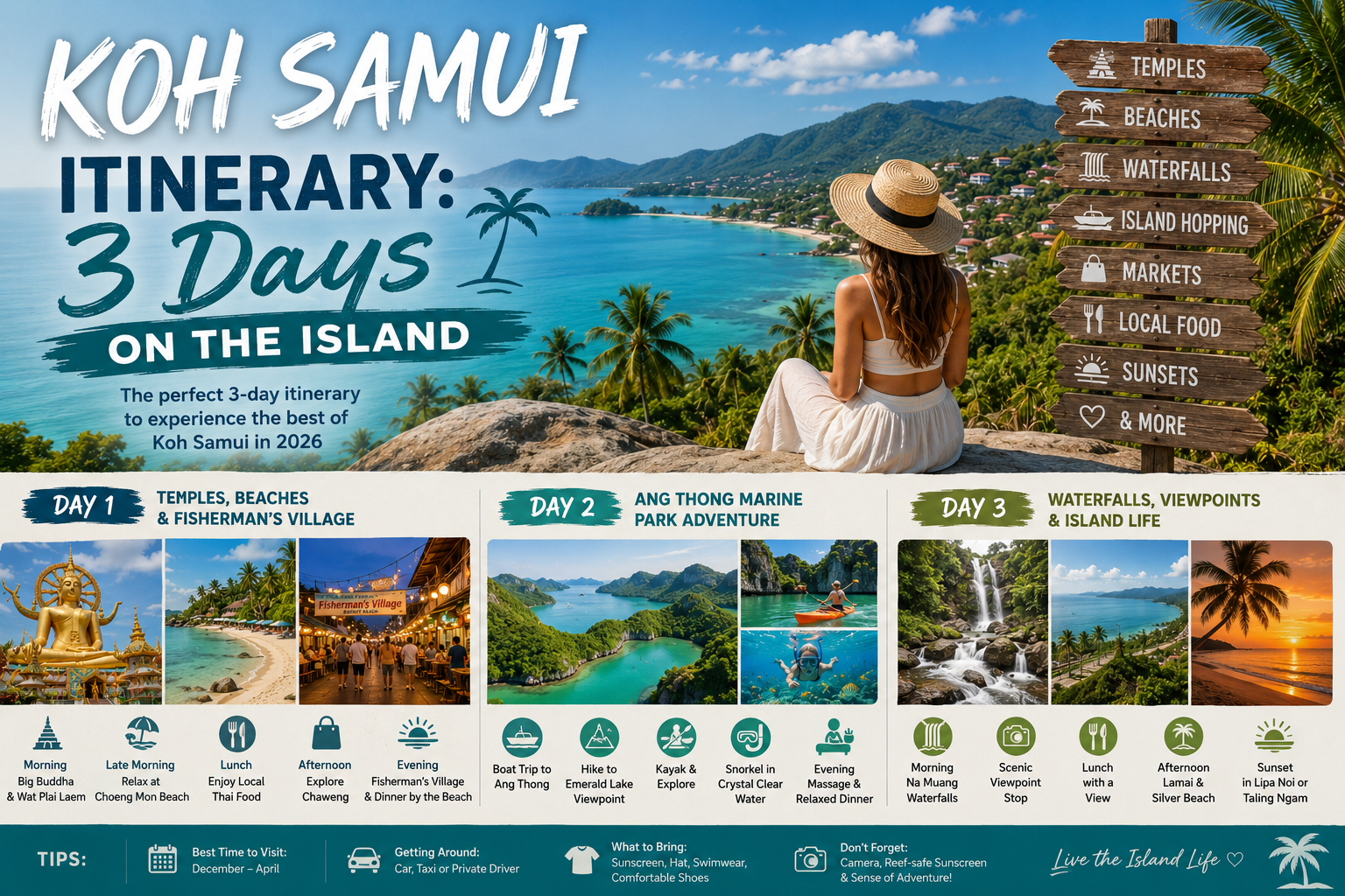 Koh Samui 3 day itinerary featuring temples, beaches, Ang Thong Marine Park, waterfalls and island activities