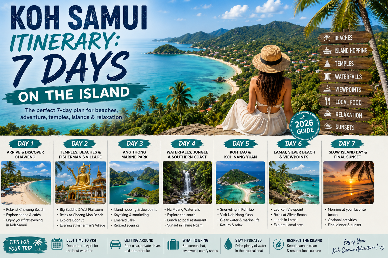 Koh Samui 7 day itinerary featuring beaches, temples, Ang Thong Marine Park, Koh Tao, waterfalls, viewpoints and island activities