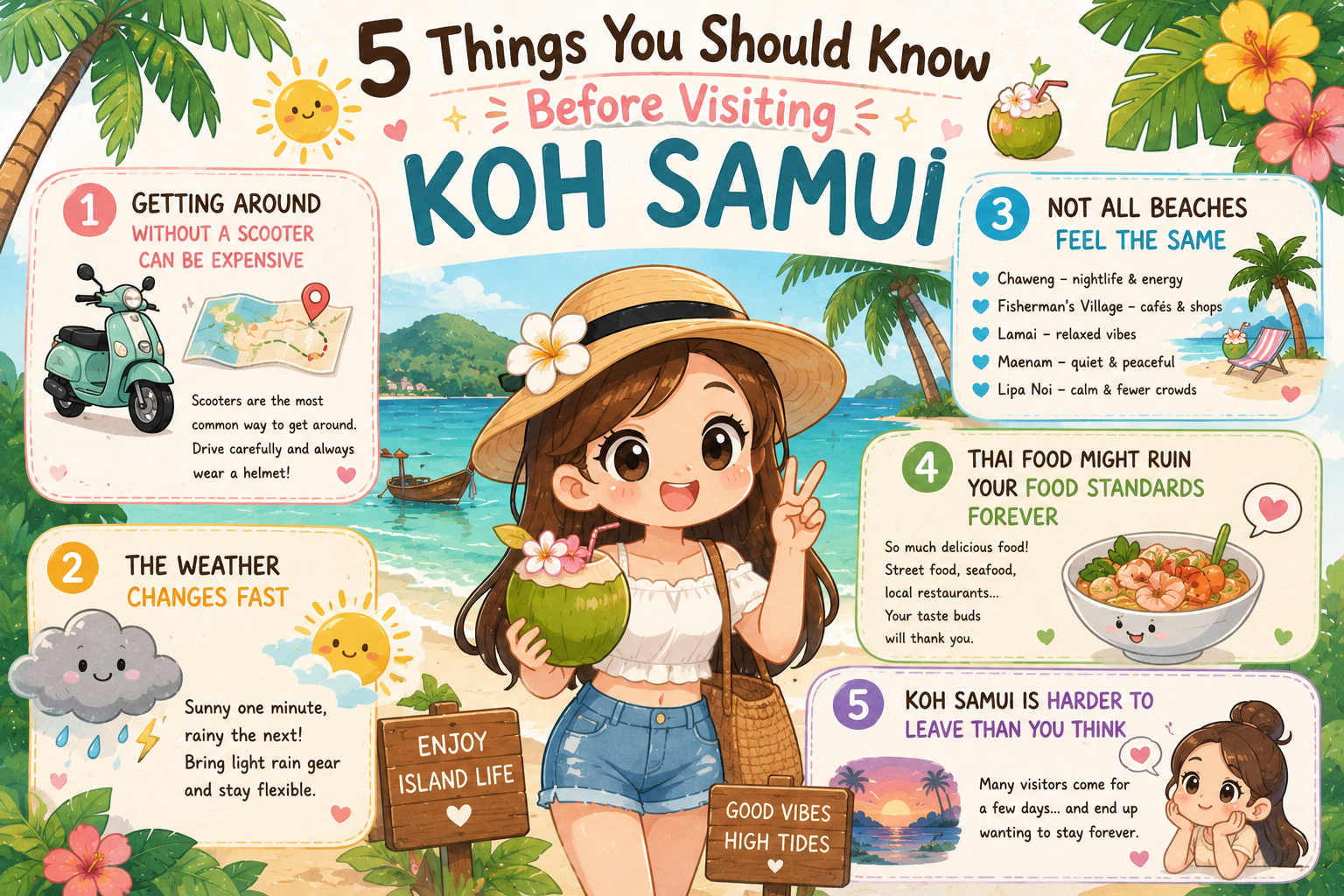 Illustration of things to know before visiting Koh Samui including beaches, transport, weather and island activities