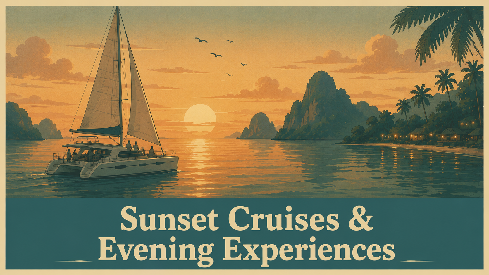 Sunset cruise in Thailand with ocean views and golden evening sky