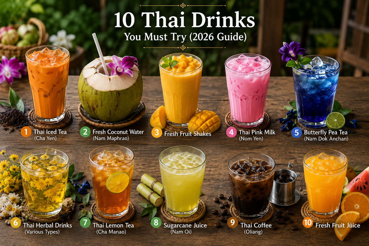 Popular Thai drinks including Thai iced tea, coconut water, fruit shakes, herbal drinks and traditional Thai coffee