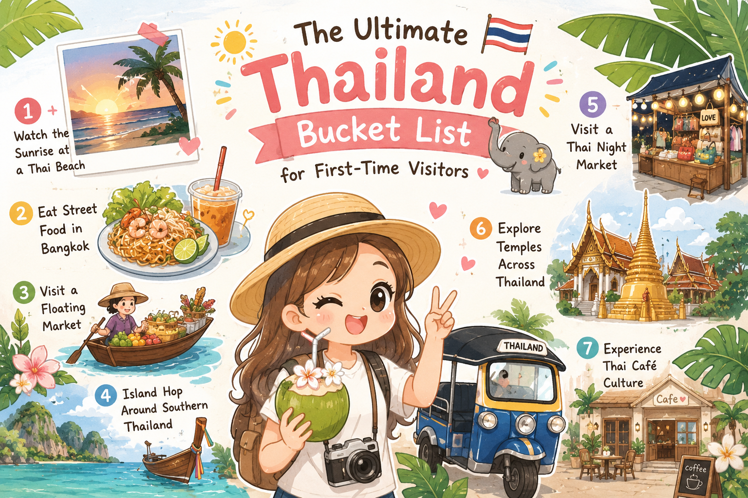 Illustration of Thailand bucket list experiences including beaches, temples, street food and tropical islands