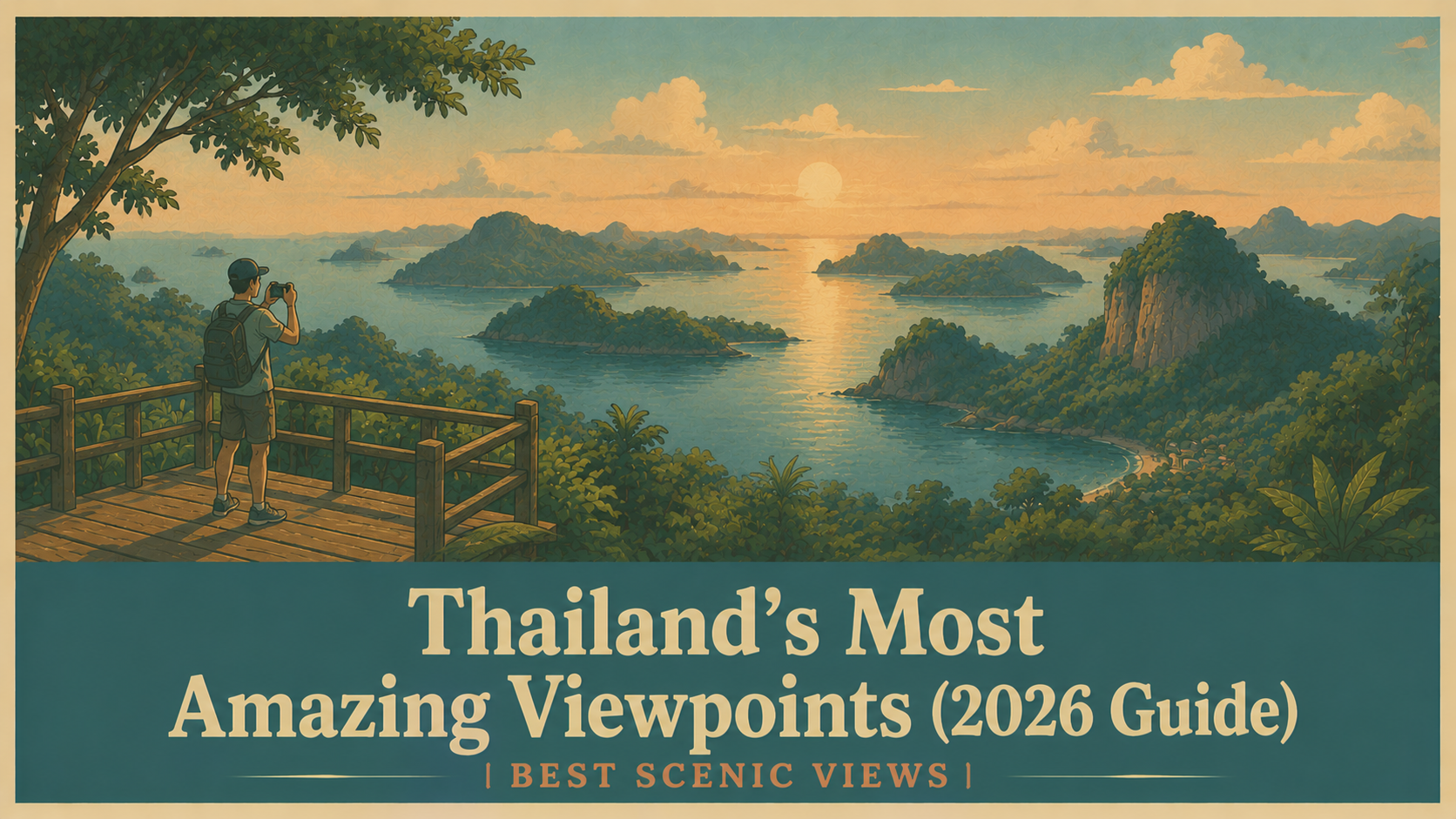 Illustration of Thailand's most scenic viewpoints featuring mountains, tropical islands, dramatic cl