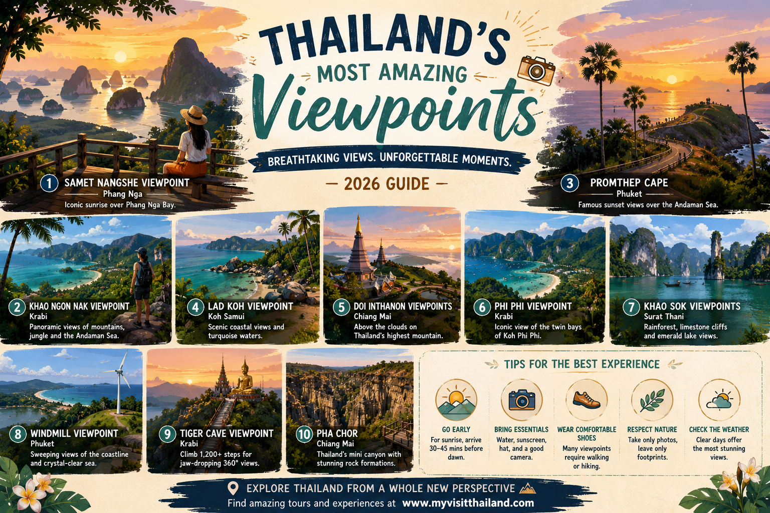 Panoramic viewpoint overlooking mountains, tropical coastline and islands in Thailand