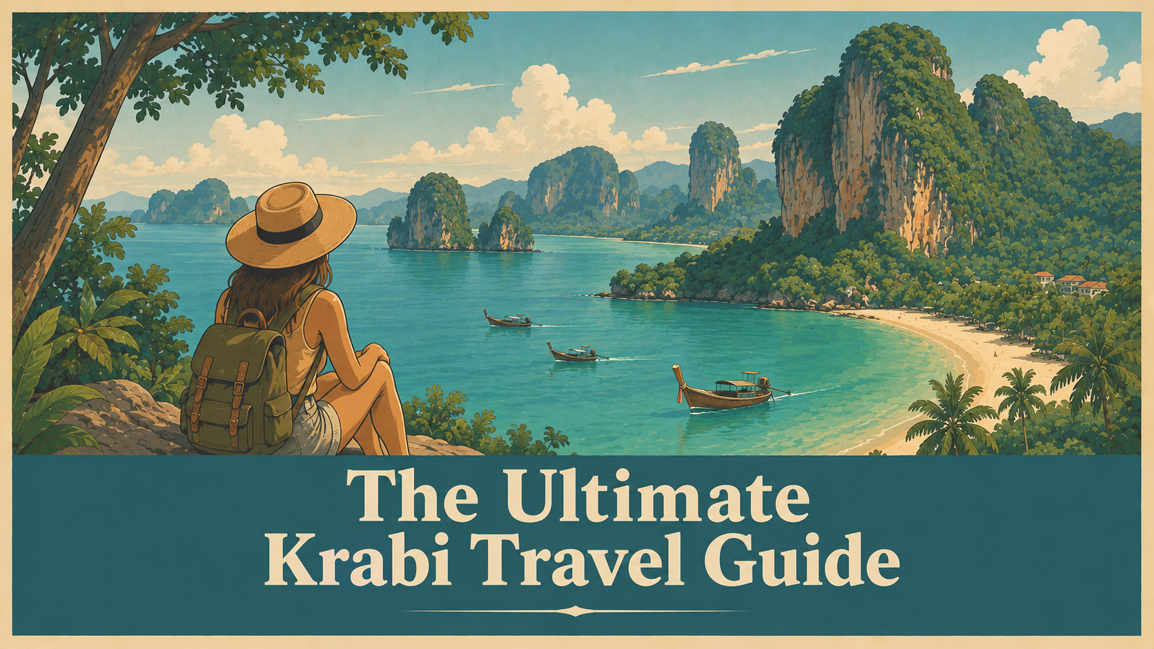 Krabi limestone cliffs and longtail boat on turquoise sea