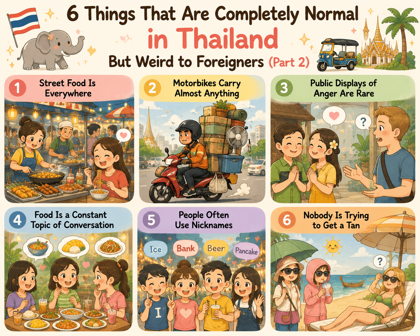 Illustration of everyday Thai habits and customs that often surprise foreign visitors