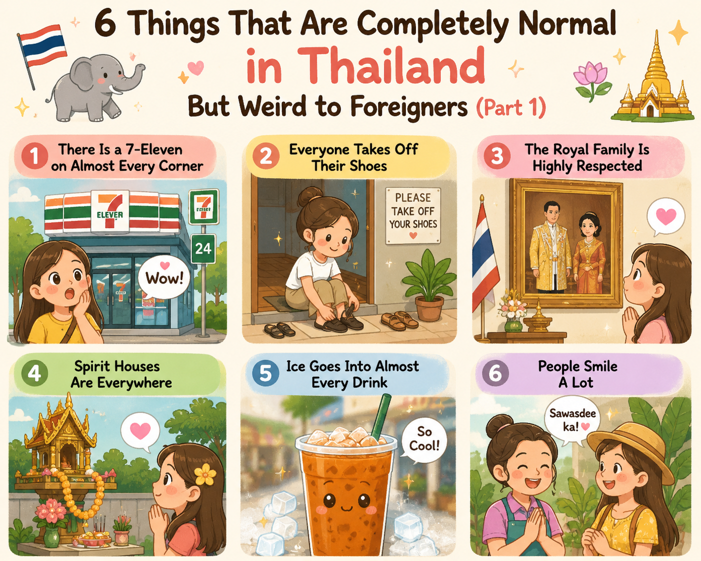 Illustration of everyday things in Thailand that often surprise foreign visitors