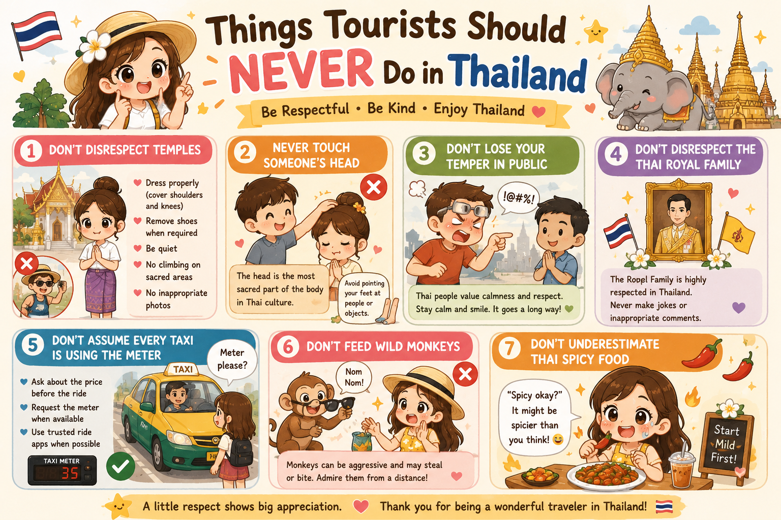 Illustration of common mistakes tourists should avoid when visiting Thailand