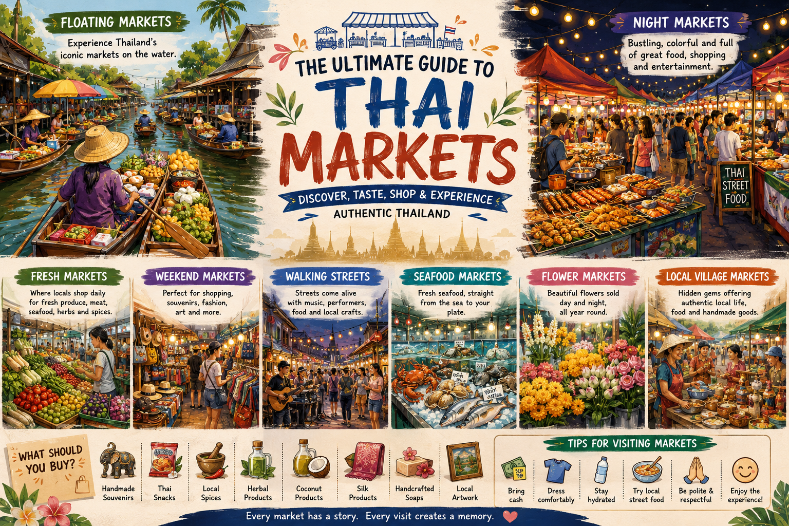 Busy Thai market with street food stalls, local vendors, fresh produce and traditional products