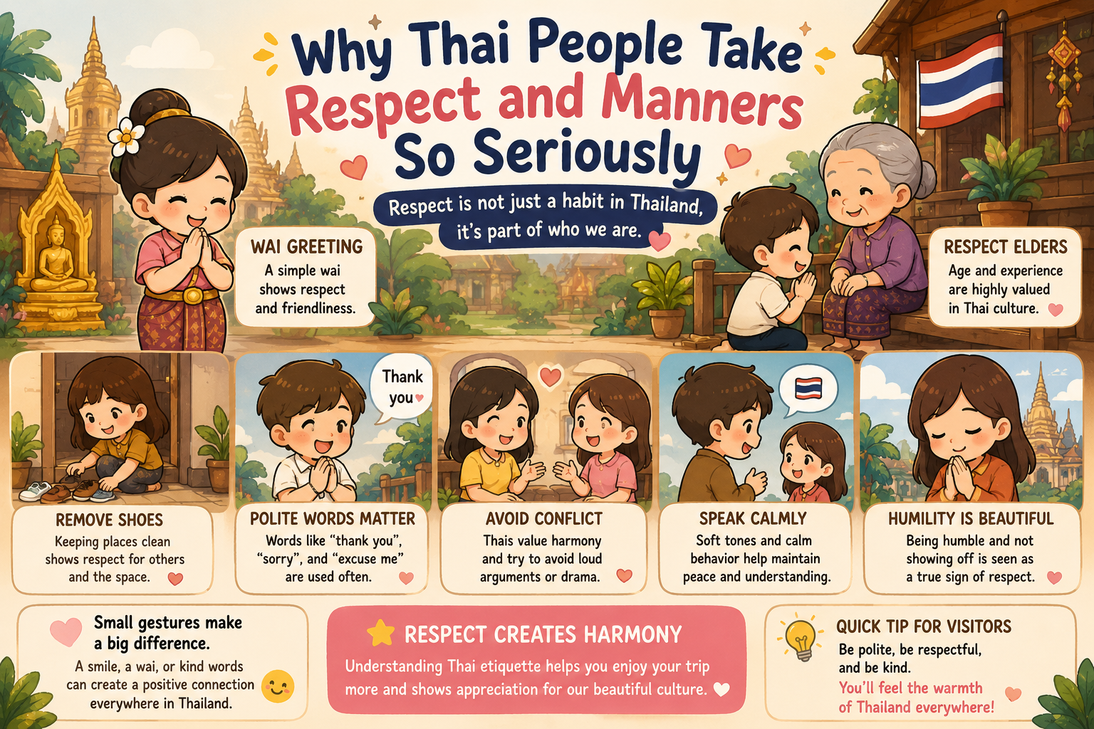 Illustration of Thai manners and respectful cultural etiquette including the wai greeting