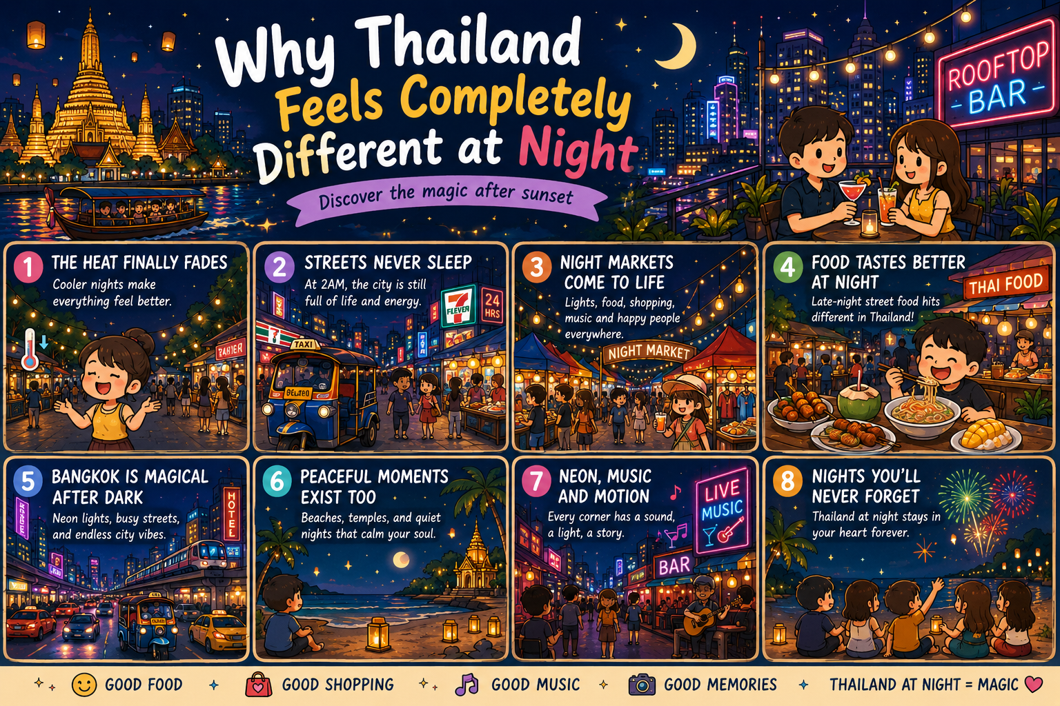 Illustration of Thailand at night with street food, night markets, neon lights and tropical nightlife