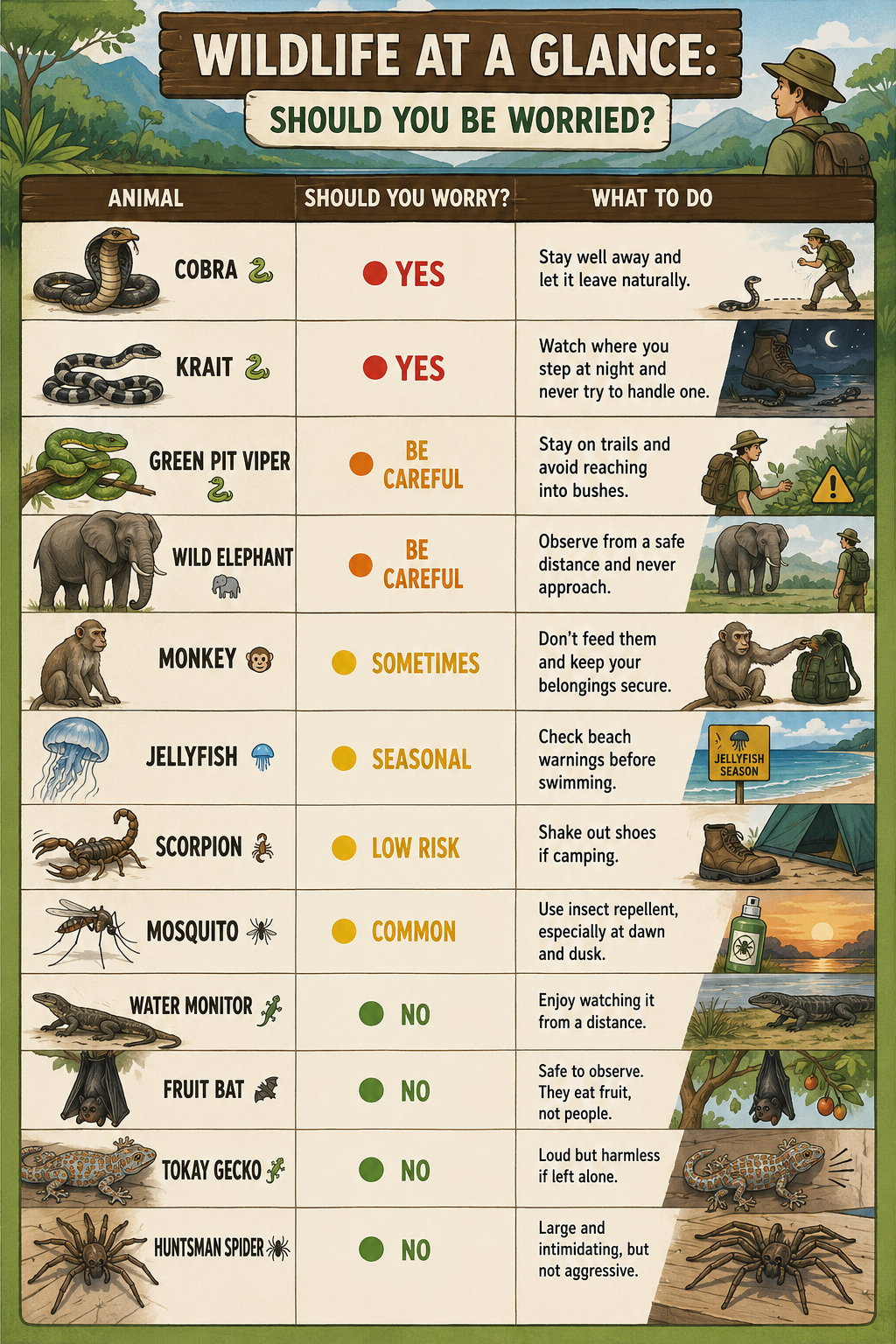 Thailand wildlife safety guide showing snakes, elephants, monkeys, jellyfish and other animals travelers may encounter