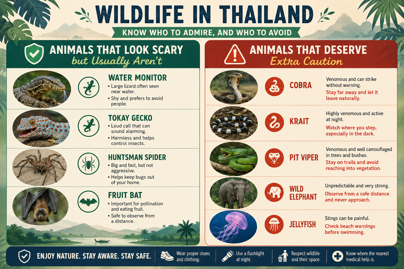 Wildlife safety in Thailand showing animals to admire and wildlife that requires extra caution