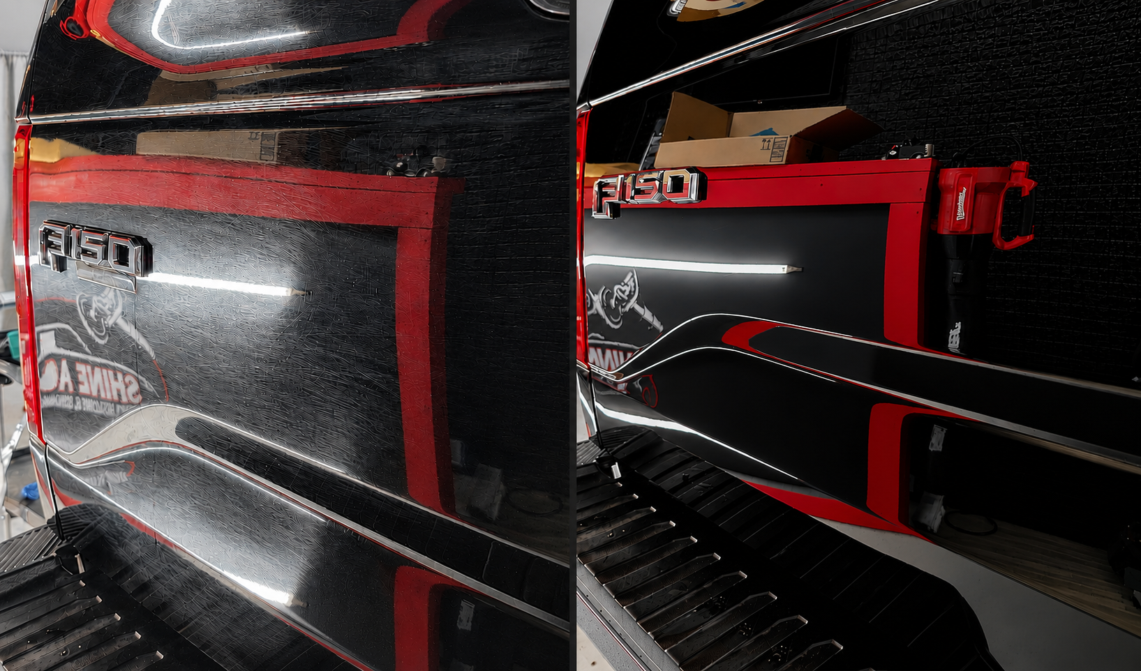Before and after comparison of machine polishing paint correction removing heavy swirls and scratches on a black tailgate