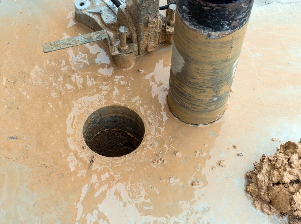Drilling core sample of soil; hole surrounded by wet mud, core drill bit present.