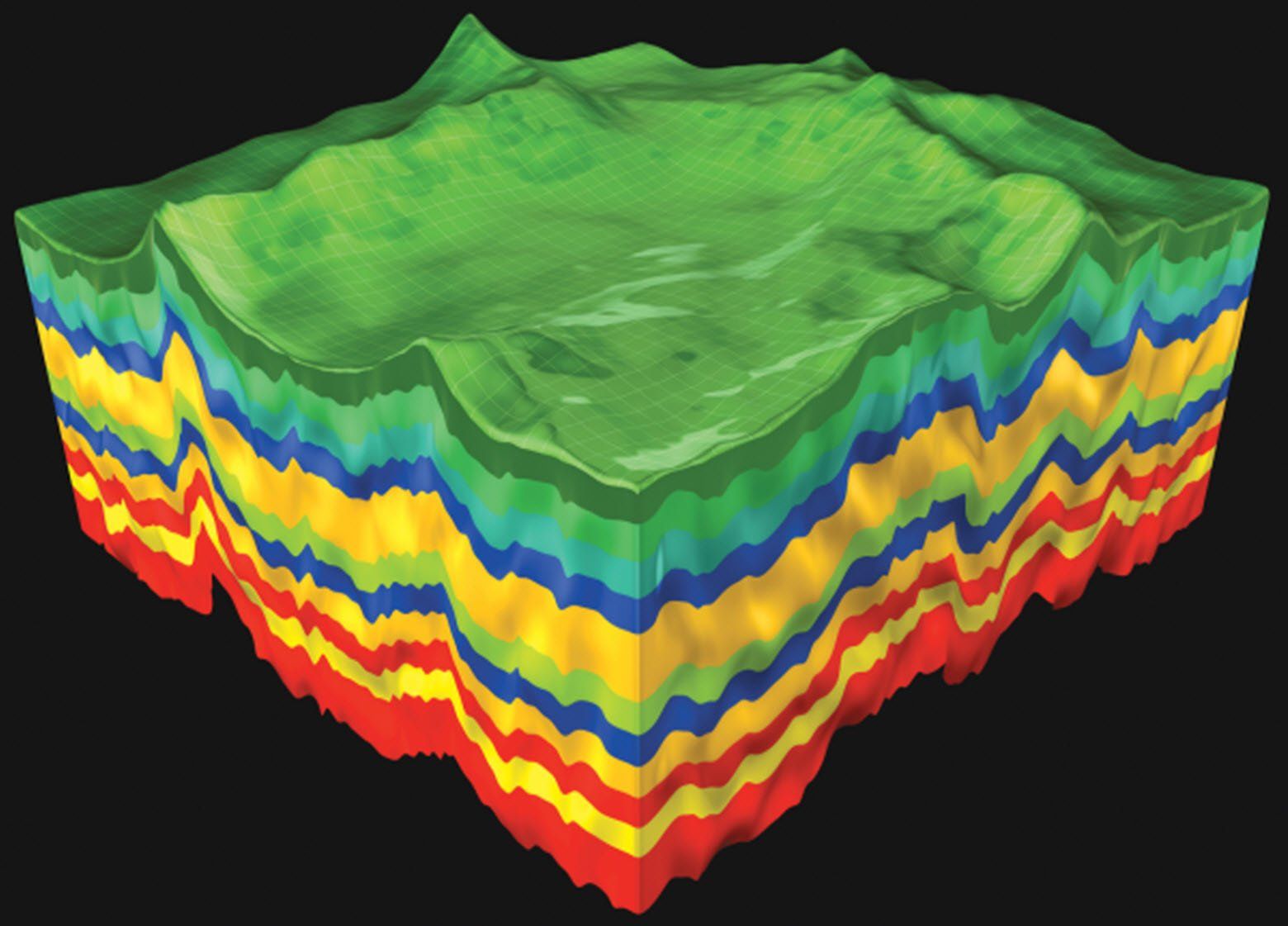 A 3d model of a landscape with a rainbow of colors
