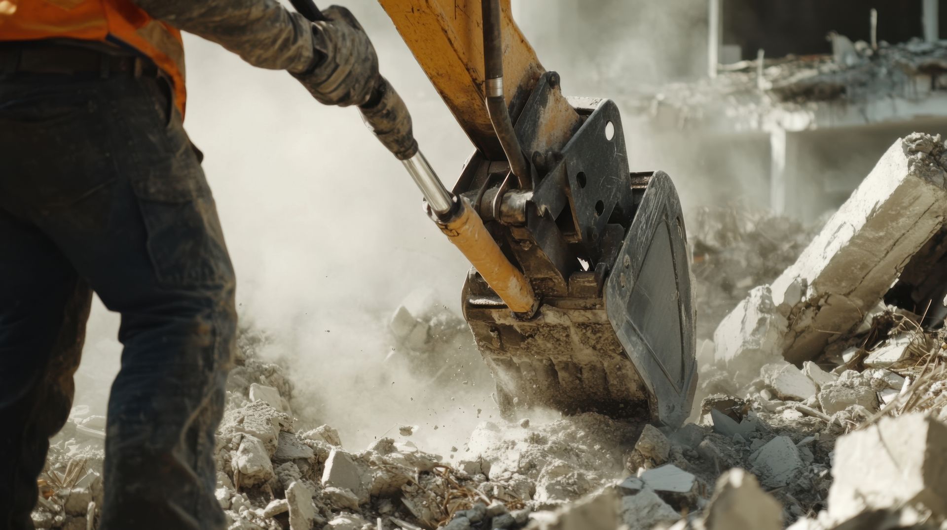 A construction worker uses an excavator to demolish concrete rubble, creating a cloud of dust.