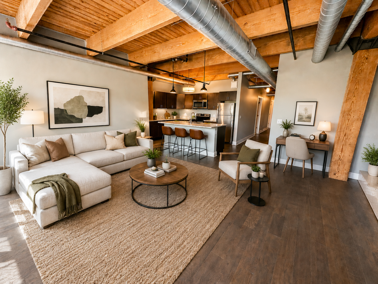 Industrial-style loft living room with exposed wood beams at River Flats in Grand Rapids
