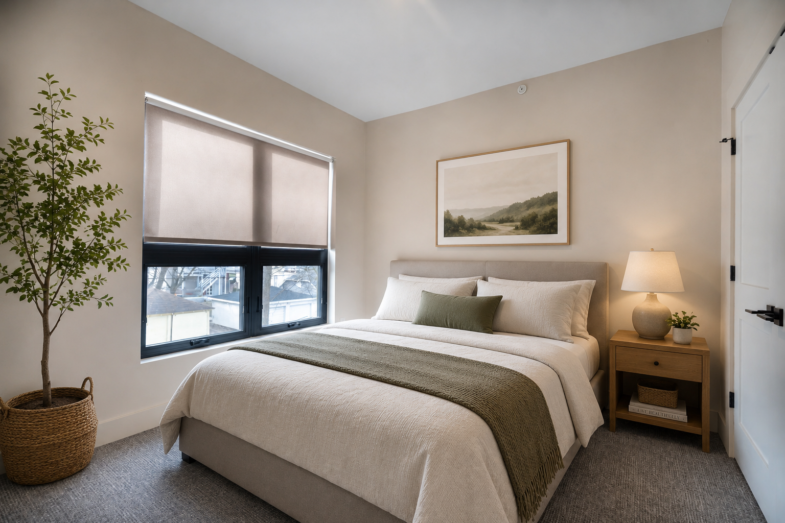 Bedroom with large windows and natural light at Bradford Station Apartments