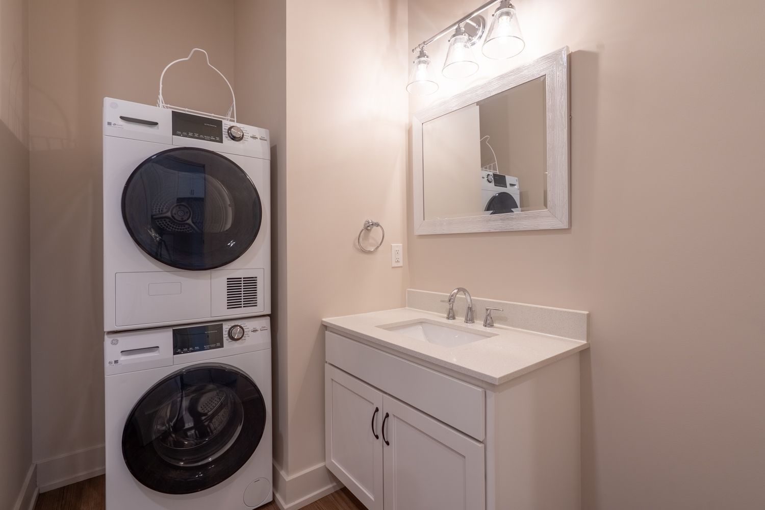In-unit laundry with stacked washer and dryer at Bradford Station Apartments